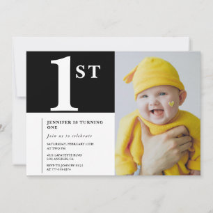 Elegant 1st birthday invitation Black White Photo