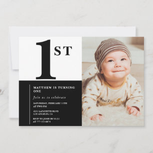 Elegant 1st birthday invitation Black White Photo