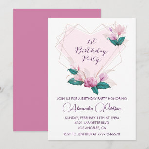 Elegant 1st birthday invitations Pink flowers 