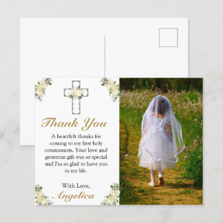 Elegant 1st Holy Communion Floral Cross Thank You Invitation Postcard