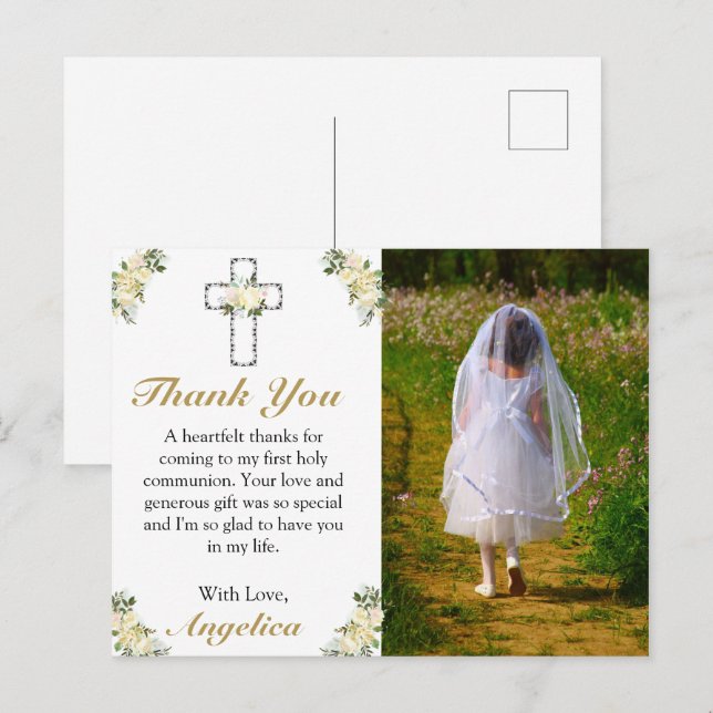 Elegant 1st Holy Communion Floral Cross Thank You Invitation Postcard (Front/Back)