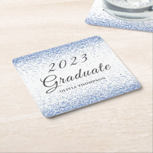 Elegant 2023 Graduation Blue Glitter Square Paper Coaster