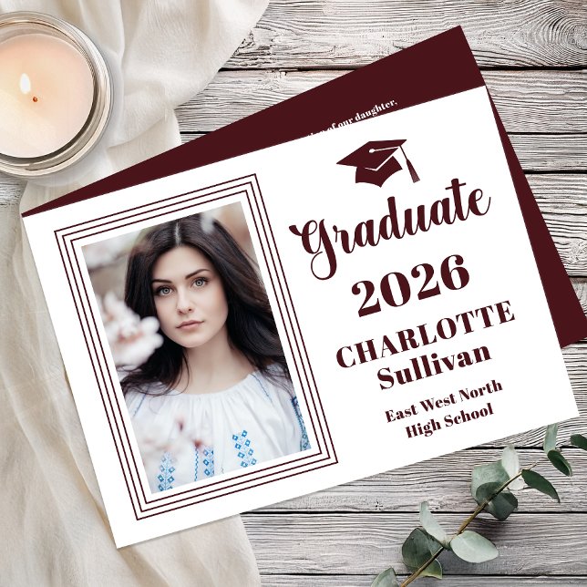 Elegant 2026 Graduate Graduation Portrait Photo  Announcement (Elegant Modern Graduation Portrait Photo Announcement - Print | Digital - Wine White Reverse)