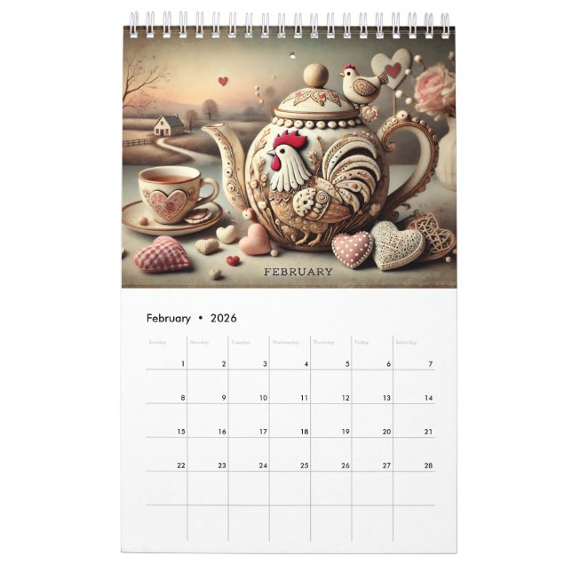 Elegant 2026 Pretty Chicken Teapots Calendar - Fun (Feb 2026)