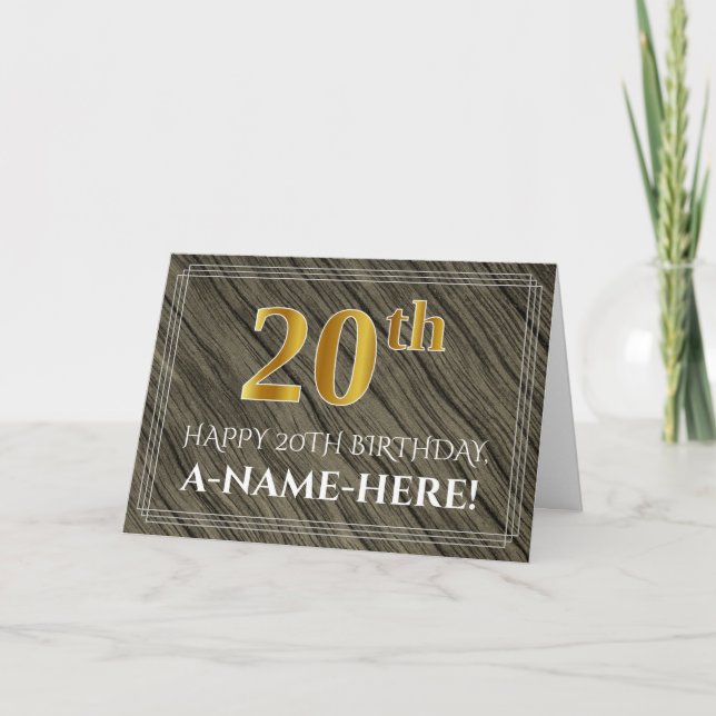 Elegant 20th Birthday: Faux Wood, Faux Gold Look Card (Front)