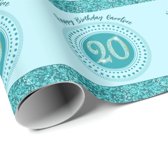 Elegant 20th Birthday Teal Blue Glitter & Stripes Wrapping Paper (Roll Corner)