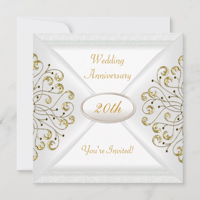 Elegant  20th Wedding Anniversary White Gold Invitation (Front)
