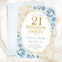 Elegant 21st Birthday Dusty Blue Gold Floral