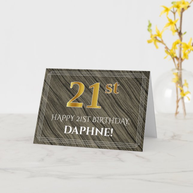 Elegant 21st Birthday: Faux Wood, Faux Gold Look Card (Yellow Flower)