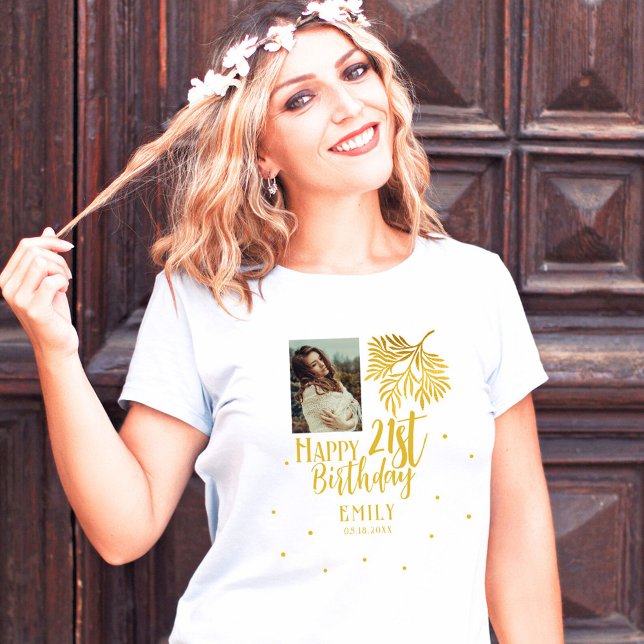 Elegant 21st Birthday Gold Foliage Photo Party T-Shirt (Creator Uploaded)