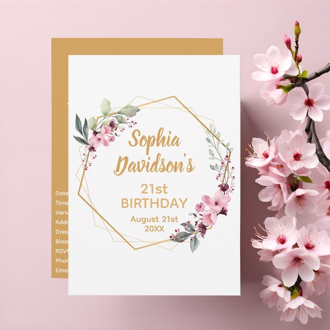 Elegant 21st Birthday Invitations | Sakura & Gold (21st birthday party invitation.)