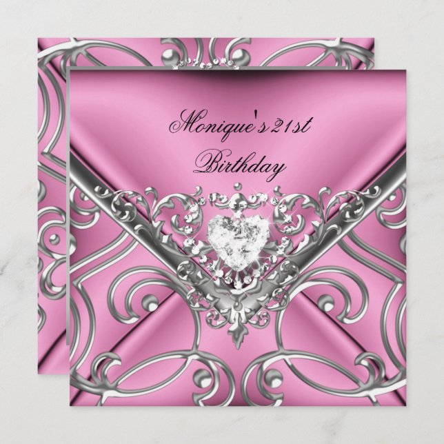 Elegant 21st Birthday Party Pink Silver Diamond Invitation (Front/Back)