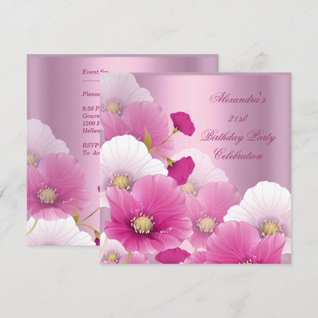 Elegant 21st Birthday Party Pink White Poppies Invitation (Front/Back)