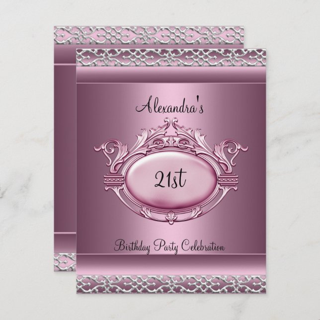 Elegant 21st Birthday Party Satin Pink Silver Trim Invitation (Front/Back)