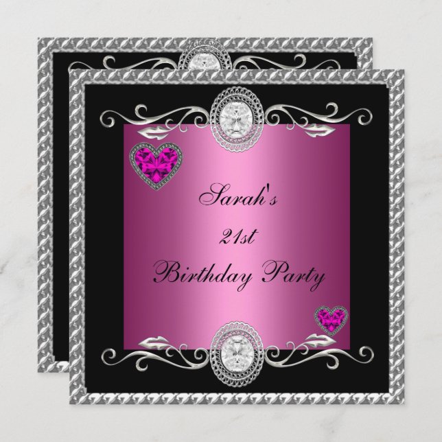 Elegant 21st Birthday Pink Black Heart Jewel Invitation (Front/Back)