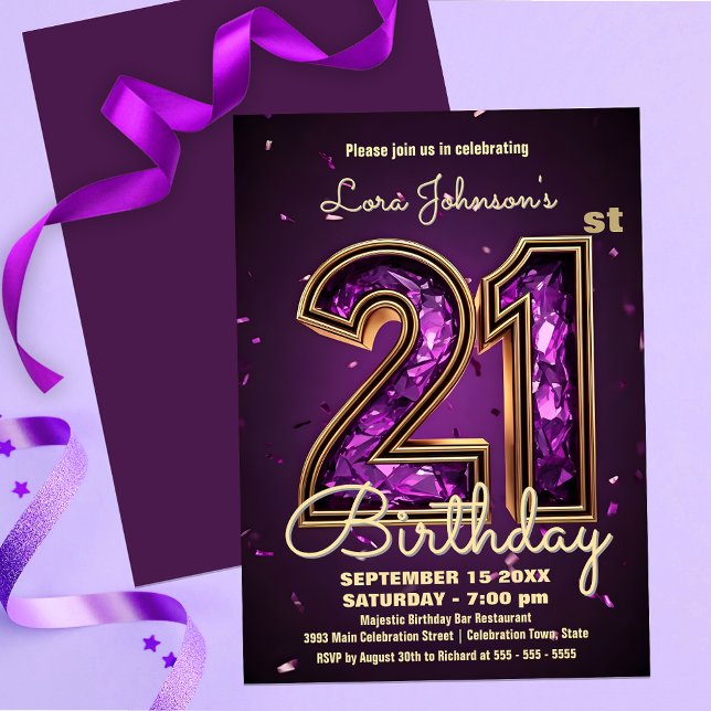 Elegant 21st Birthday Purple Gemstone Celebration Invitation (Creator Uploaded)