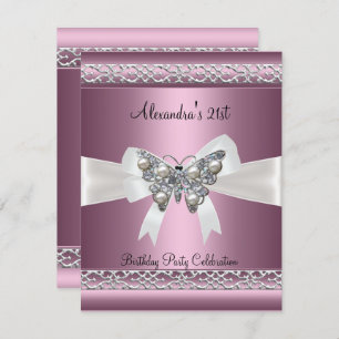 Elegant 21st Birthday Satin Pink Butterfly Jewel Invitation