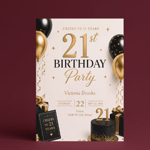 Elegant 21st Black & Gold Birthday Party Invitation