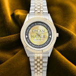 Elegant 21st Brass Wedding Anniversary Celebration Watch<br><div class="desc">Celebrate the 21st wedding anniversary with this commemorative watch! Elegant lettering with hexagonal confetti on a faux brass foil background add a memorable touch for this special occasion and extraordinary milestone. Customize with couple's names,  dates of marriage,  and congratulatory messages.

Design © W.H. Sim. See more at zazzle.com/expressionsoccasions</div>