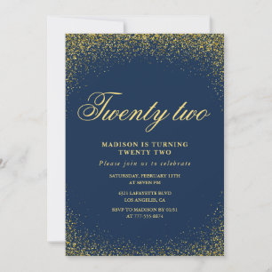 Elegant 22nd birthday invitation Navy Gold Glitter