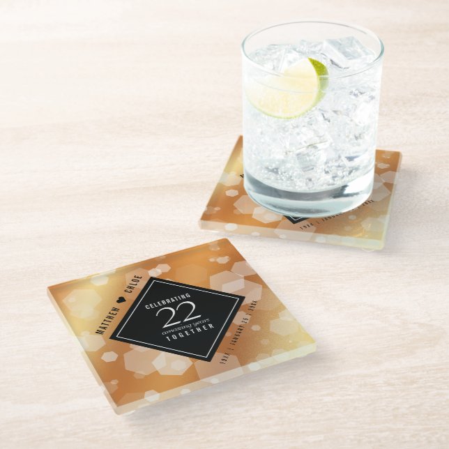 Elegant 22nd Copper Wedding Anniversary Glass Coaster (Angled)