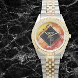 Elegant 23rd Imperial Topaz Wedding Anniversary Watch<br><div class="desc">Celebrate the 23rd imperial topaz wedding anniversary and a love that stands the test of time with this stylish watch! Elegant black and white lettering with hexagonal confetti on a deep red-yellow-orange moire background add a memorable touch for this special occasion and extraordinary milestone. Personalise with the couple's names and...</div>
