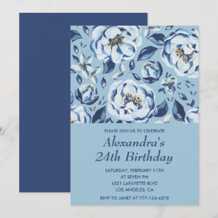 Elegant 24th birthday invitations Floral Blue