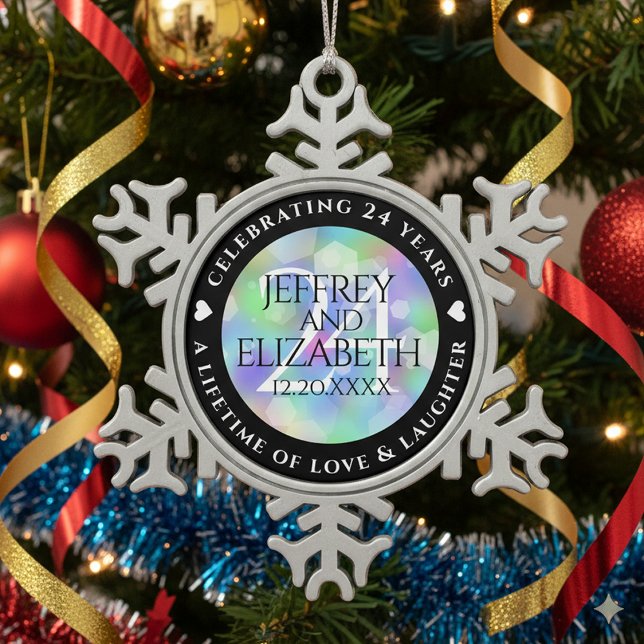 Elegant 24th Opal Wedding Anniversary Celebration Snowflake Pewter Christmas Ornament (24th Opal Wedding Anniversary Snowflake Pewter Ornament Cover Photo)