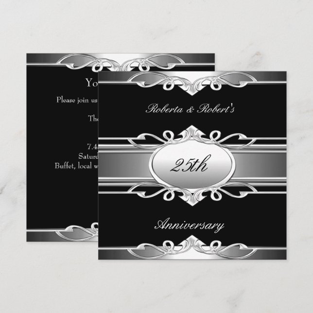Elegant 25th Anniversary Black Silver Invitation (Front/Back)