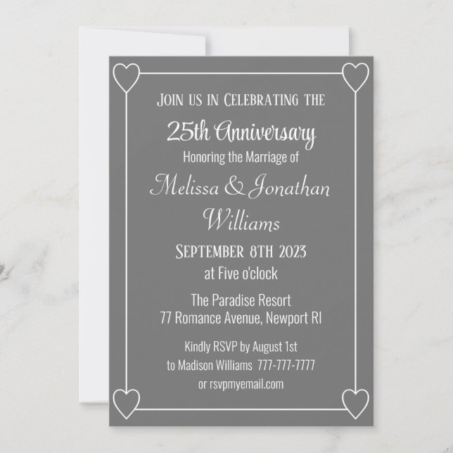 Elegant 25th Anniversary Romantic Hearts Silver Invitation (Front)