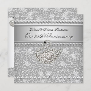 Elegant 25th Anniversary Silver Damask Swan 2 Invitation