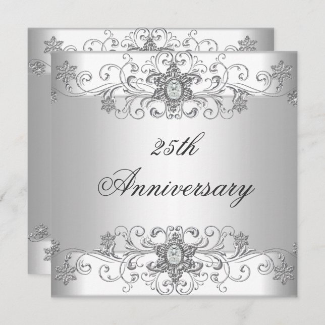 Elegant 25th Anniversary Silver White Diamond Invitation (Front/Back)