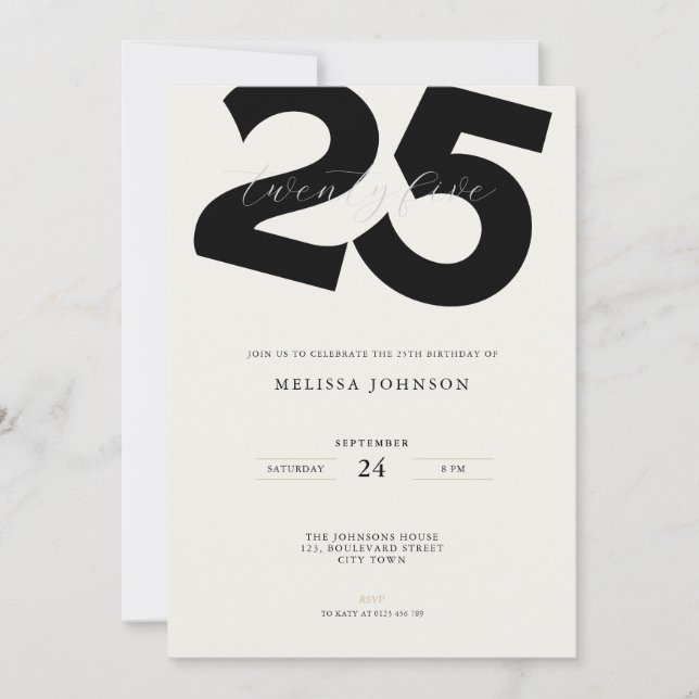 Elegant 25th Birthday Invitation - Minimal Style (Front)
