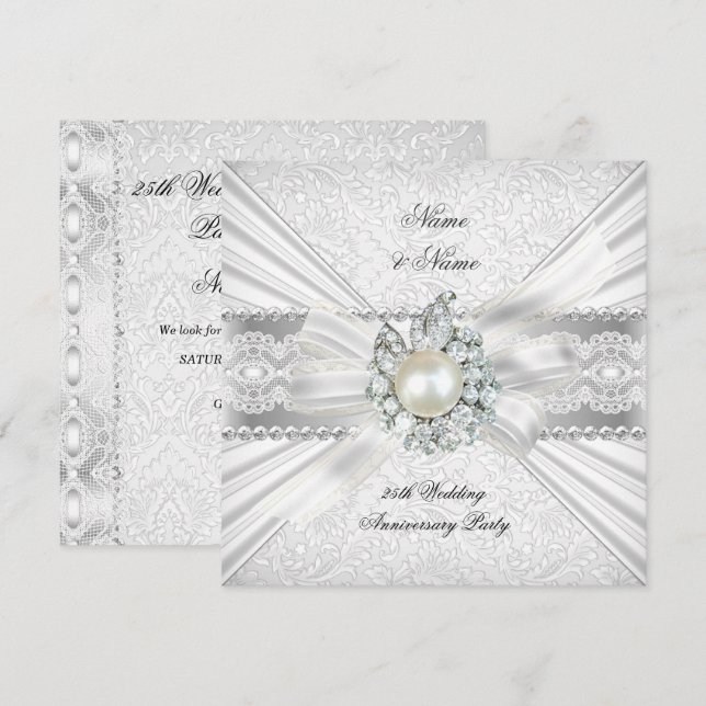 Elegant 25th Silver Anniversary Party Lace Pearl Invitation (Front/Back)