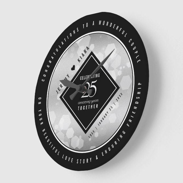 Elegant 25th Silver Wedding Anniversary Large Clock (Angle)