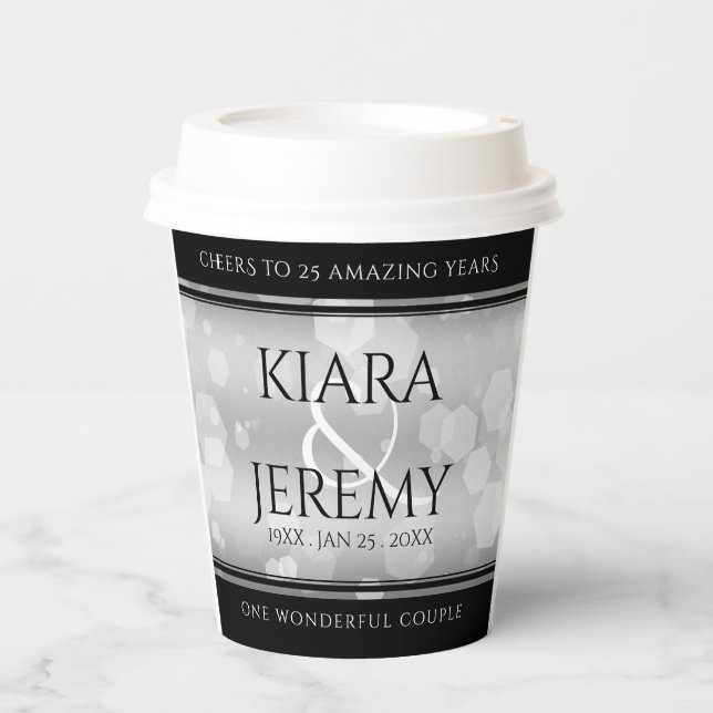 Elegant 25th Silver Wedding Anniversary Paper Cups (Front)