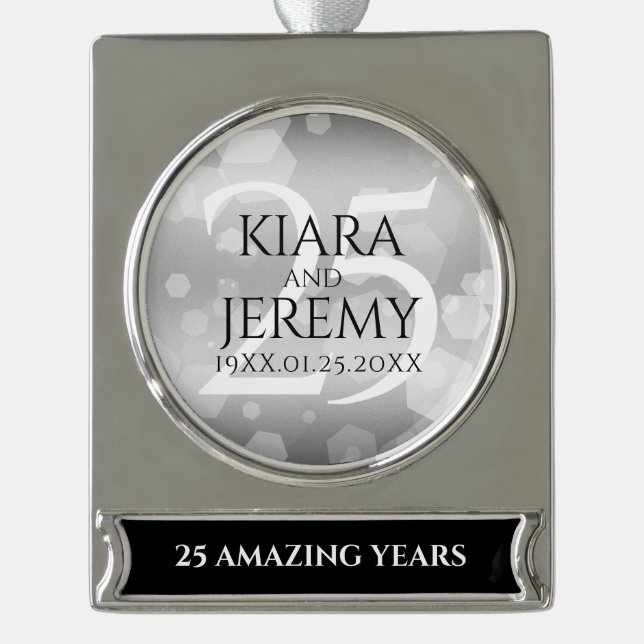 Elegant 25th Silver Wedding Anniversary Plated Banner Ornament (Front)