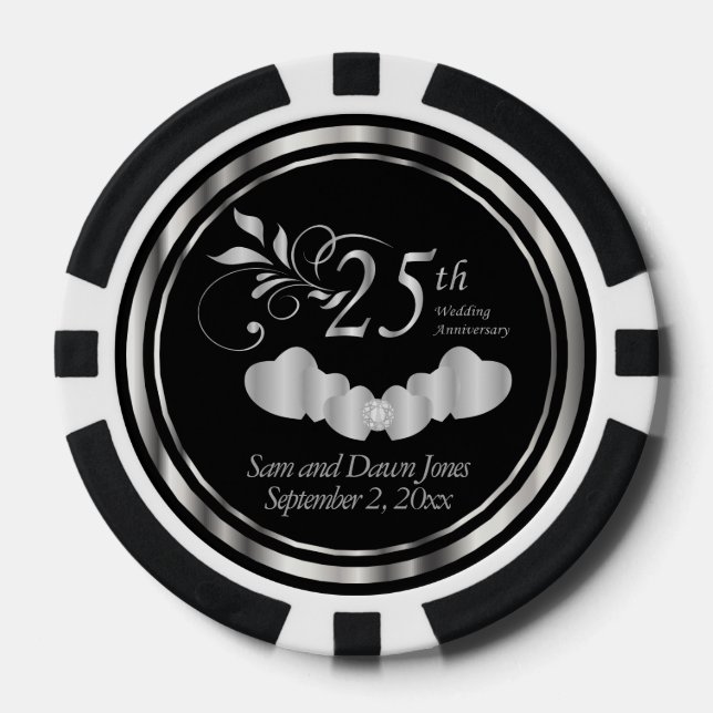 Elegant 25th Silver Wedding Anniversary Poker Chips (Front)