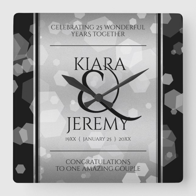 Elegant 25th Silver Wedding Anniversary Square Wall Clock (Front)