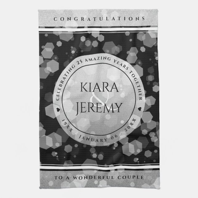 Elegant 25th Silver Wedding Anniversary Tea Towel (Vertical)
