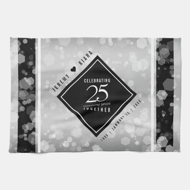 Elegant 25th Silver Wedding Anniversary Tea Towel (Horizontal)