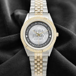 Elegant 25th Silver Wedding Anniversary Watch<br><div class="desc">Celebrate the 25th wedding anniversary with this commemorative watch! Elegant lettering with hexagonal confetti on a faux silver foil background add a memorable touch for this special occasion and extraordinary milestone. Customise with couple's names,  dates of marriage,  and congratulatory messages.

Design © W.H. Sim. See more at zazzle.com/expressionsoccasions</div>