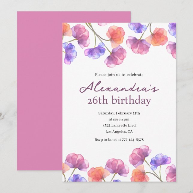 Elegant 26th birthday invitations Floral Chic Pink (Front/Back)