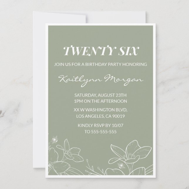 Elegant 26th birthday invitations Floral Green (Front)