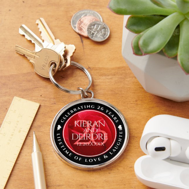 Elegant 26th Rose Wedding Anniversary Celebration Key Ring (Desk)