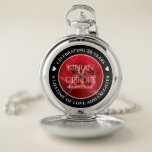 Elegant 26th Rose Wedding Anniversary Celebration Pocket Watch<br><div class="desc">Celebrate their 26th rose wedding anniversary with this stylish commemorative pocket watch! Elegant white lettering on a romantic red rose background add a memorable touch for this special occasion and extraordinary milestone. Customise with couple's names, anniversary date, and up to 2 lines of messaging. Design © W.H. Sim. See more...</div>