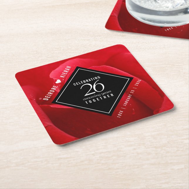 Elegant 26th Rose Wedding Anniversary Celebration Square Paper Coaster (Angled)
