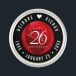 Elegant 26th Rose Wedding Anniversary Lapel Pin<br><div class="desc">Celebrate the 26th rose wedding anniversary with this stylish lapel pin! Elegant white lettering on a romantic red rose background add a memorable touch for this special occasion and extraordinary milestone. Personalise with couple's names and dates of marriage.

Design © W.H. Sim. See more at zazzle.com/expressionsoccasions</div>