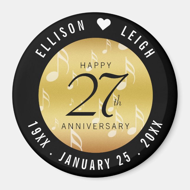 Elegant 27th Music Wedding Anniversary Celebration Magnet (Front)