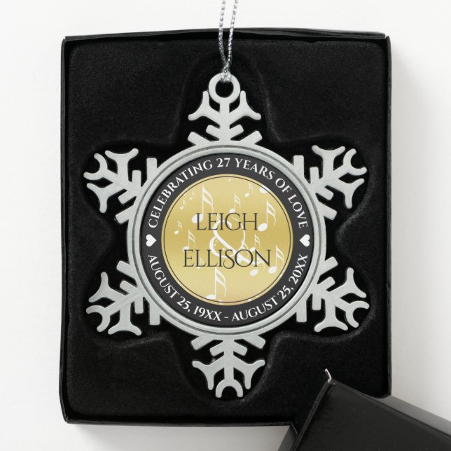 Elegant 27th Music Wedding Anniversary Snowflake Pewter Christmas Ornament (Box)